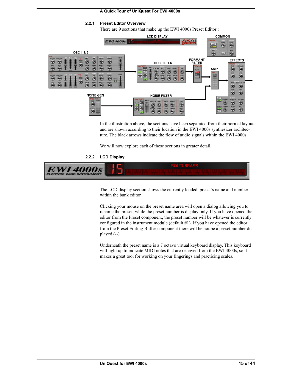 1 preset editor overview, 2 lcd display | Akai UNIQUEST 4000S User Manual | Page 15 / 44