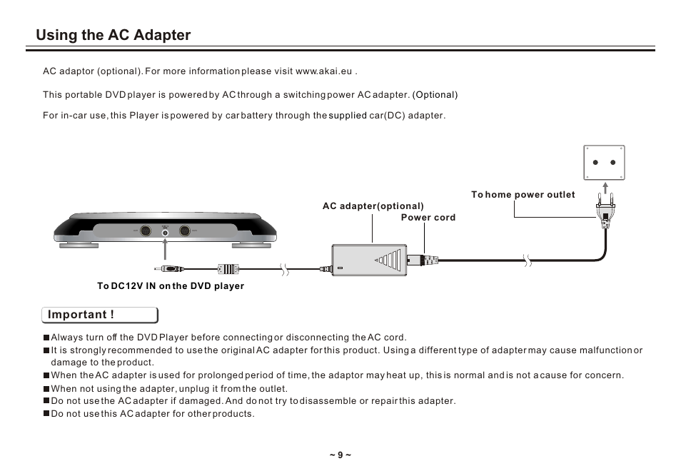 Т³гж 11, Using the ac adapter, Important | Akai ACVDS731UXT User Manual | Page 11 / 28