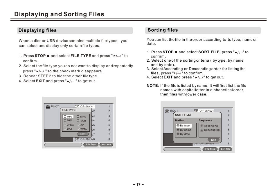 Т³гж 19, Displaying and sorting files, Displaying files | Sorting files | Akai ACVDS731UXT User Manual | Page 19 / 28