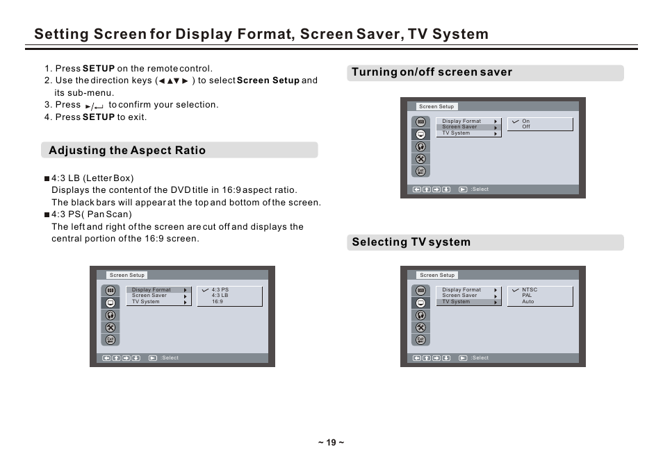 Т³гж 21, Turning on/off screen saver selecting tv system, Adjusting the aspect ratio | Akai ACVDS731UXT User Manual | Page 21 / 28