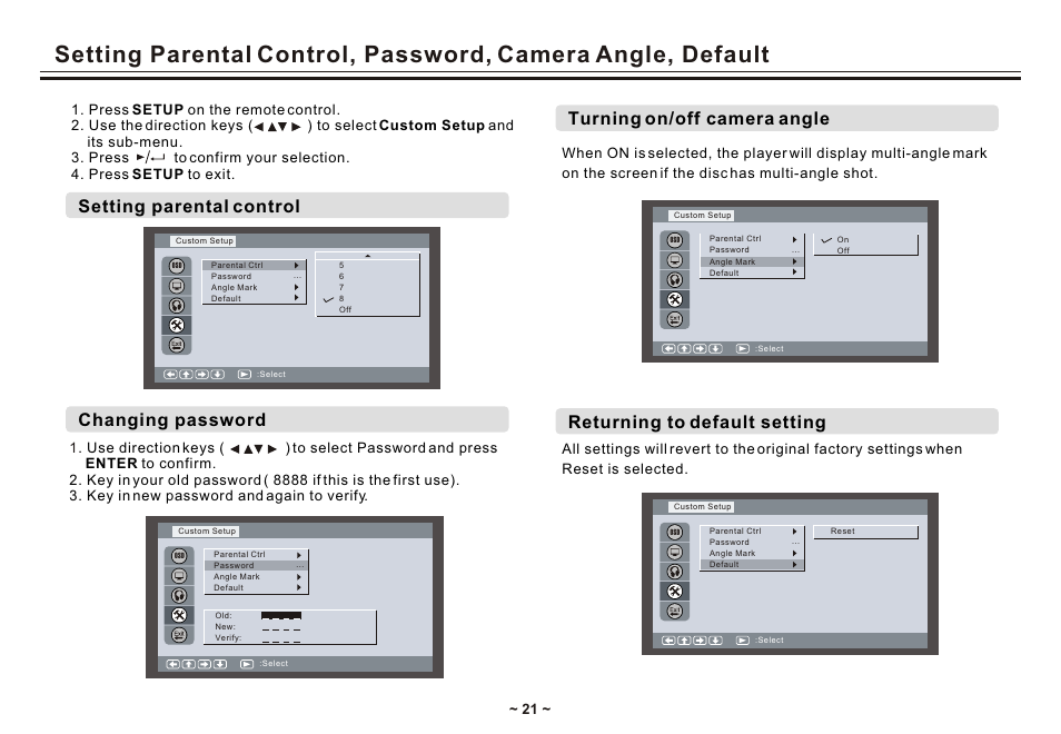 Т³гж 23, Setting parental control, Changing password | Turning on/off camera angle, Returning to default setting | Akai ACVDS731UXT User Manual | Page 23 / 28