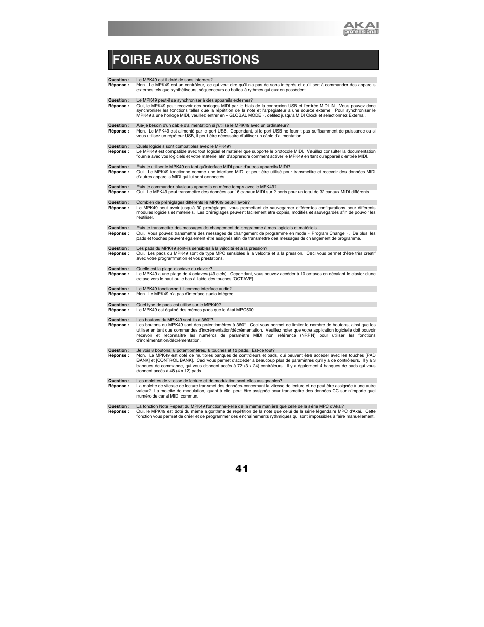 Foire aux questions | Akai MPK49 User Manual | Page 41 / 76