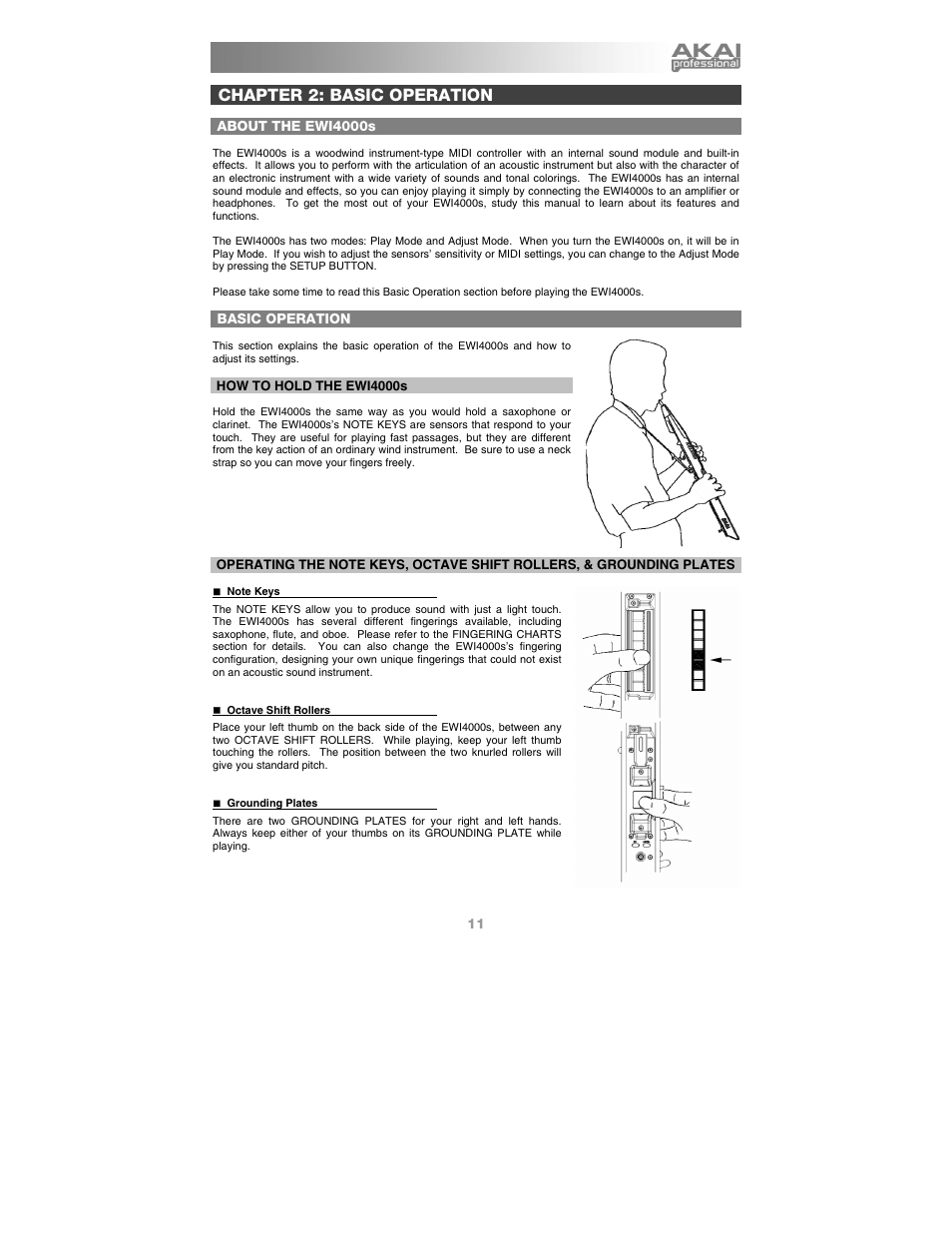 Chapter 2: basic operation, About the ewi4000s, Basic operation | How to hold the ewi4000s | Akai Ewi4000s User Manual | Page 13 / 52