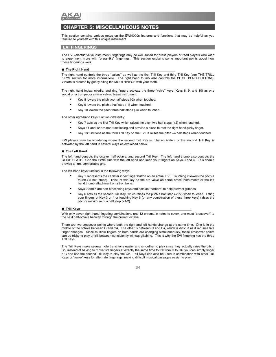 Chapter 5: miscellaneous notes, Evi fingerings | Akai Ewi4000s User Manual | Page 36 / 52