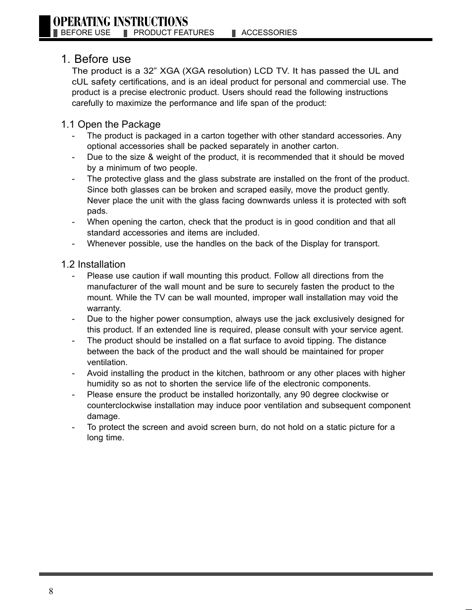 Before use, 1 open the package, 2 installation | Akai LCT3226 User Manual | Page 9 / 50