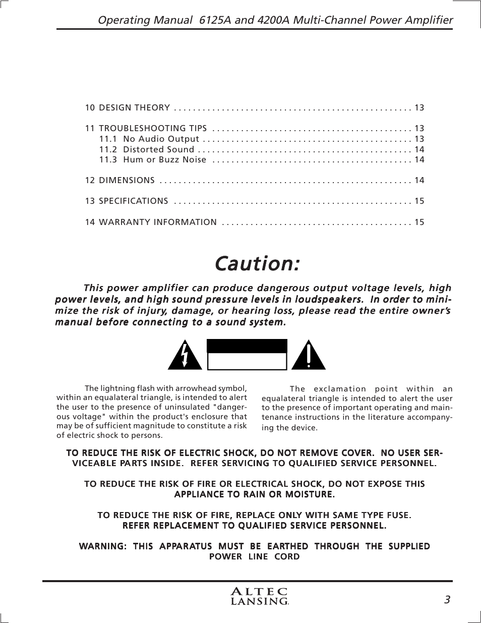 Caution | Altec Lansing 4200A User Manual | Page 3 / 16