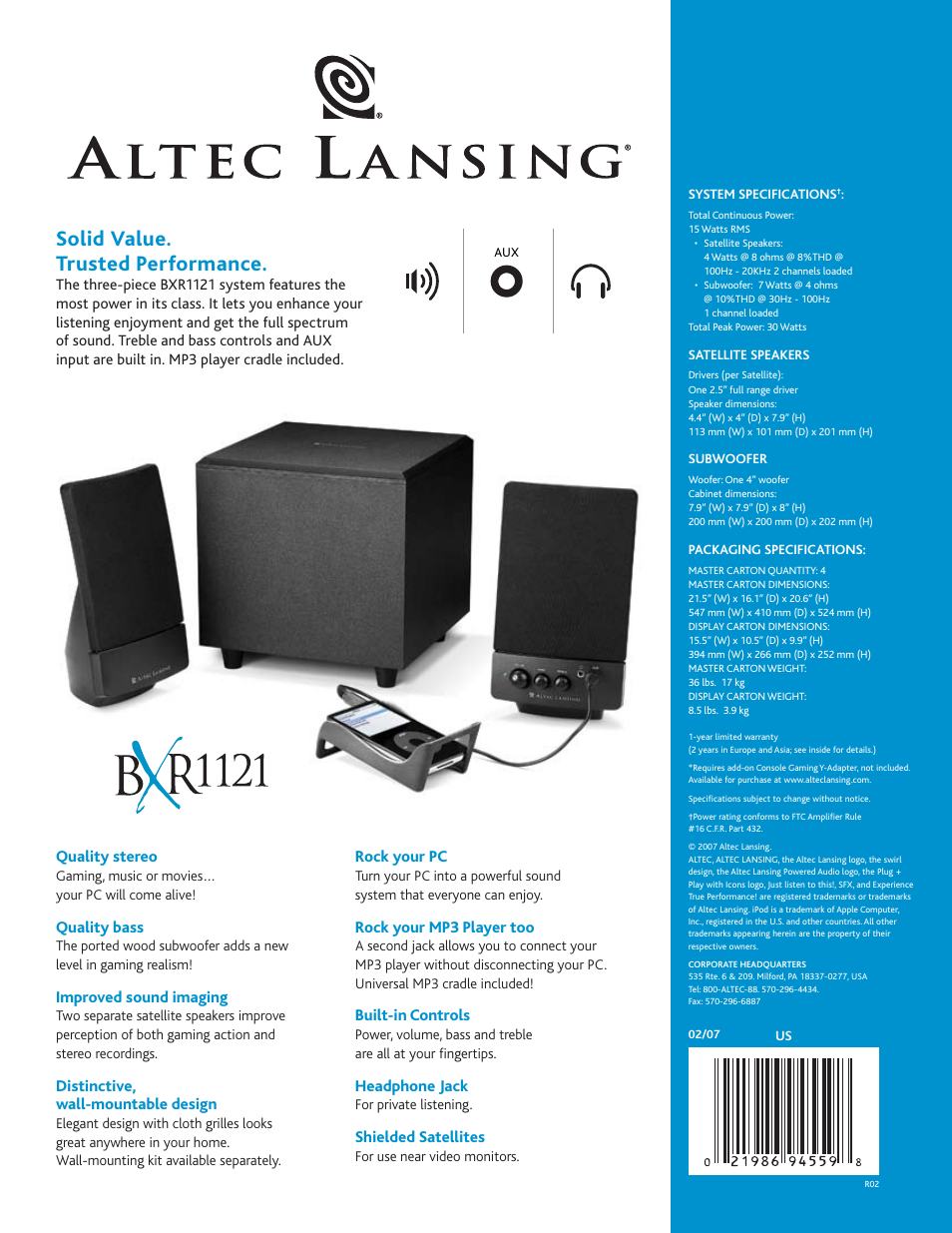 Solid value. trusted performance | Altec Lansing BXR1121 User Manual | Page 2 / 2