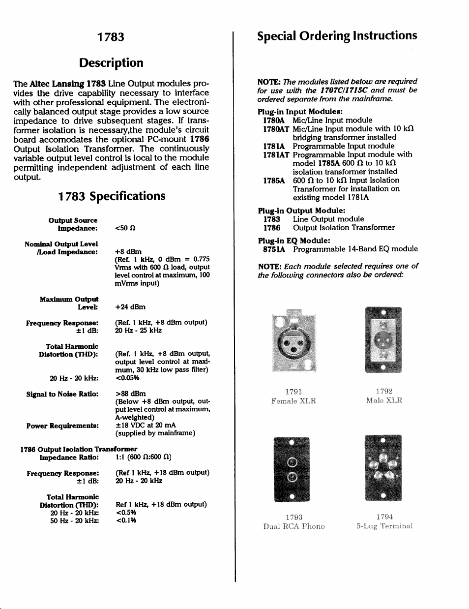 1783 specifications description, Special ordering instructions | Altec Lansing 1715C User Manual | Page 5 / 27