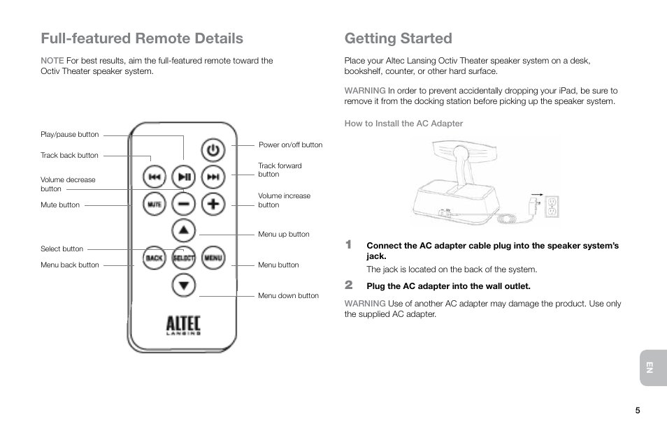 Full-featured remote details, Getting started | Altec Lansing Octiv Theater MP450 User Manual | Page 7 / 60