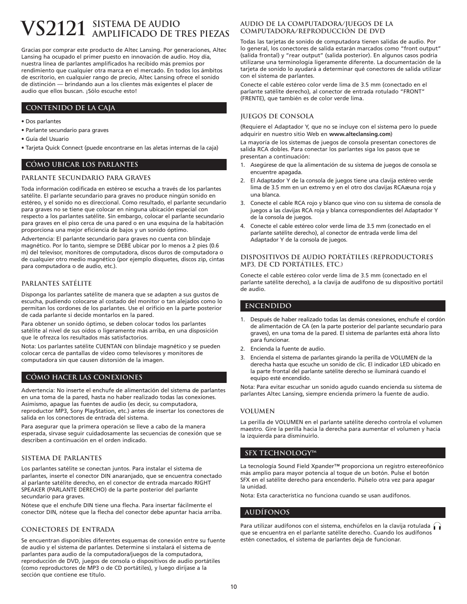 Vs2121, Sistema de audio amplificado de tres piezas | Altec Lansing VS2121 User Manual | Page 11 / 19