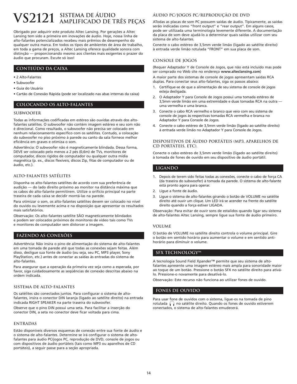 Vs2121, Sistema de áudio amplificado de três peças | Altec Lansing VS2121 User Manual | Page 15 / 19