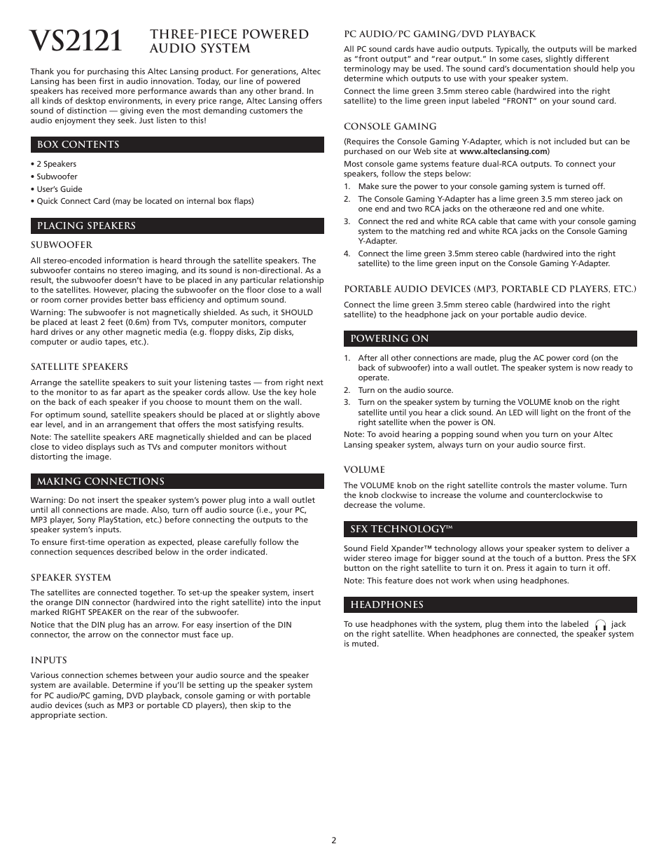 Vs2121, Three-piece powered audio system | Altec Lansing VS2121 User Manual | Page 3 / 19