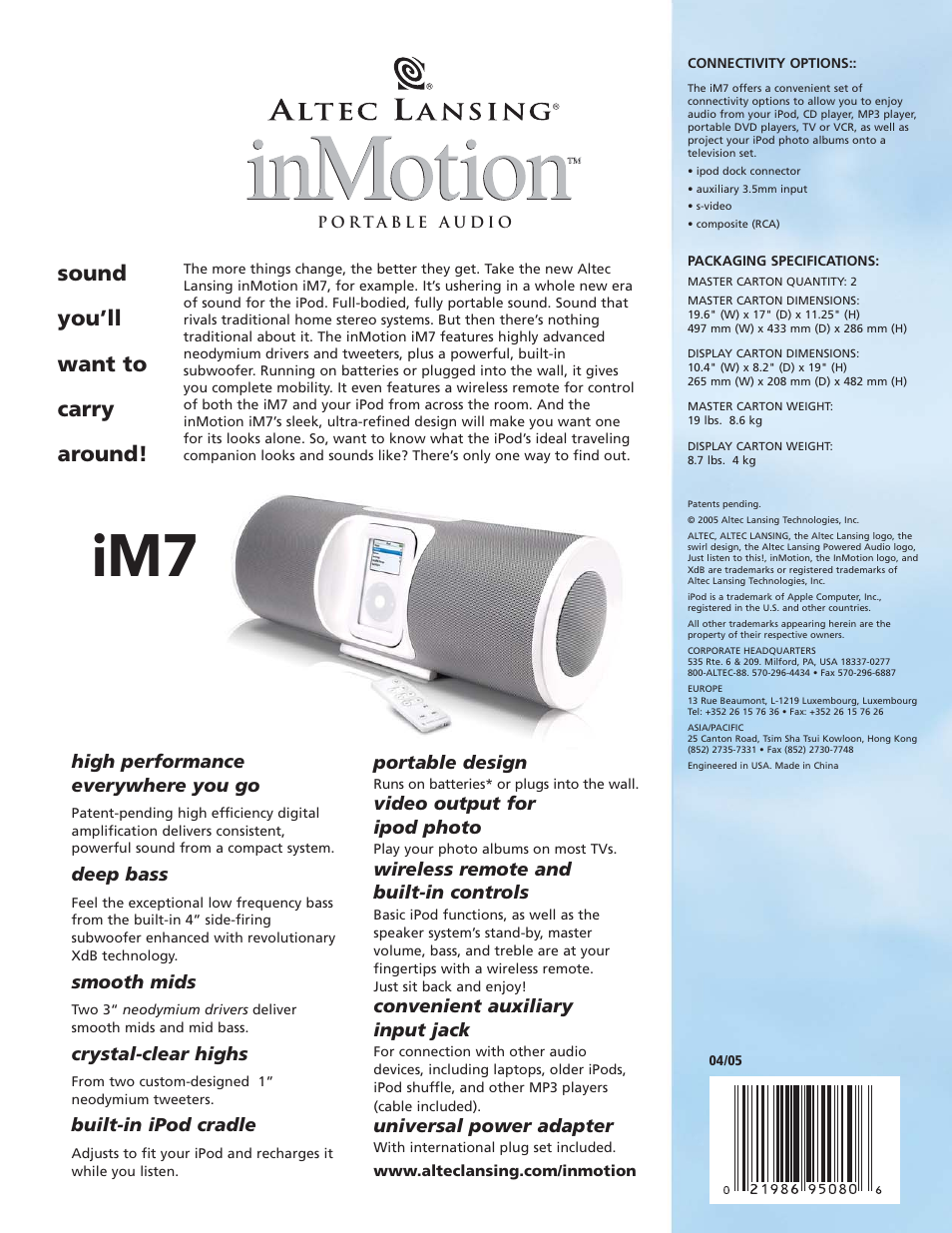 Sound you’ll want to carry around, High performance everywhere you go, Deep bass | Smooth mids, Crystal-clear highs, Built-in ipod cradle, Portable design, Video output for ipod photo, Wireless remote and built-in controls, Convenient auxiliary input jack | Altec Lansing inMotion IM7 User Manual | Page 2 / 2