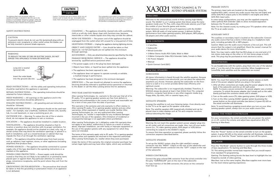 Xa3021, Audio speaker system, Video gaming & tv | Altec Lansing XA3021 User Manual | Page 2 / 10