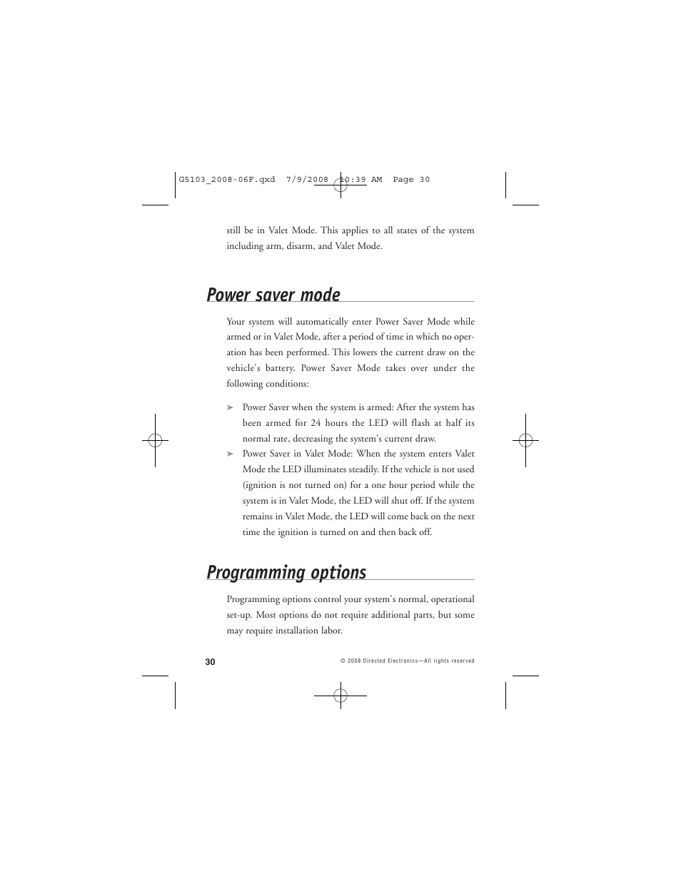 Power saver mode, Programming options | Avital G5103 User Manual | Page 33 / 43