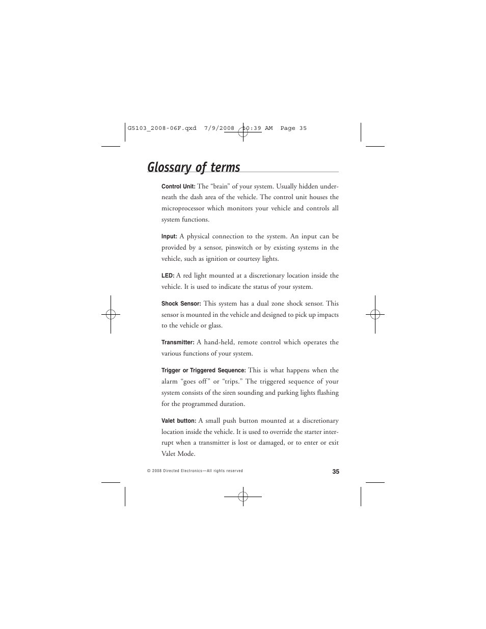 Glossary of terms | Avital G5103 User Manual | Page 38 / 43