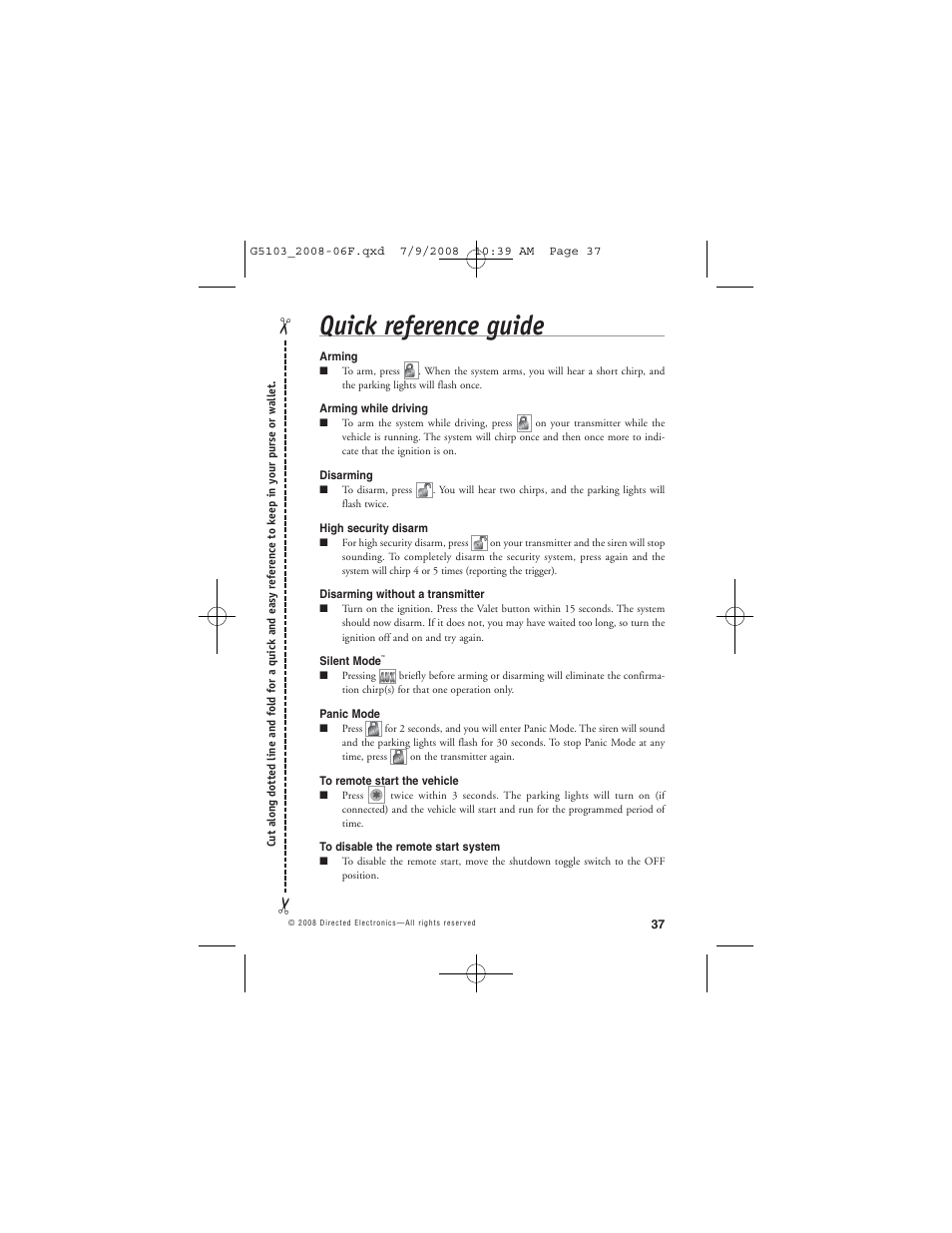 Quick reference guide | Avital G5103 User Manual | Page 40 / 43