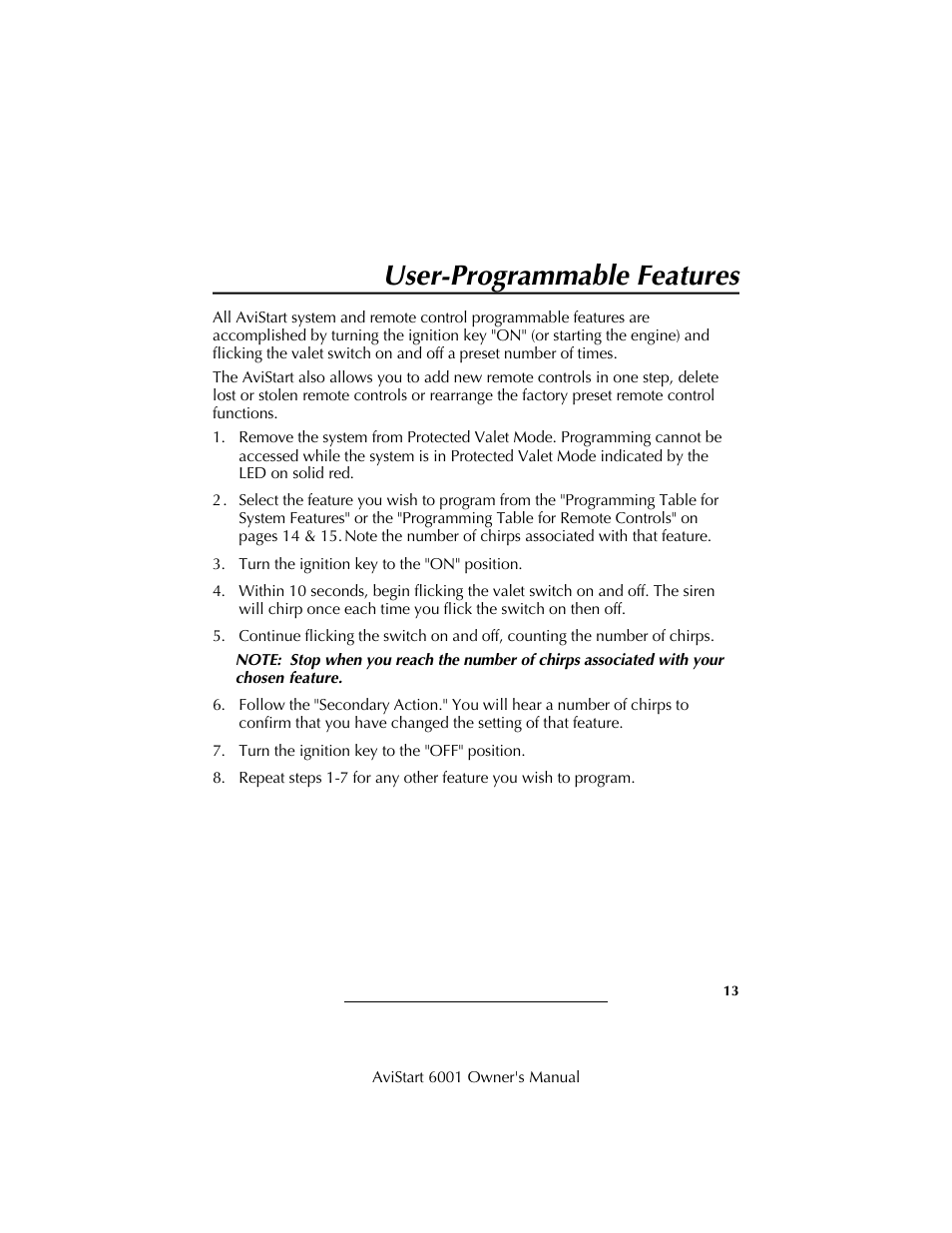 User-programmable features | Avital AviStart 6001 User Manual | Page 15 / 20