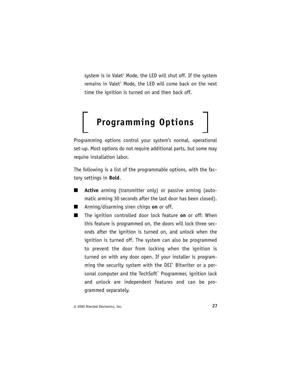 Programming options | Avital 3300 User Manual | Page 31 / 40