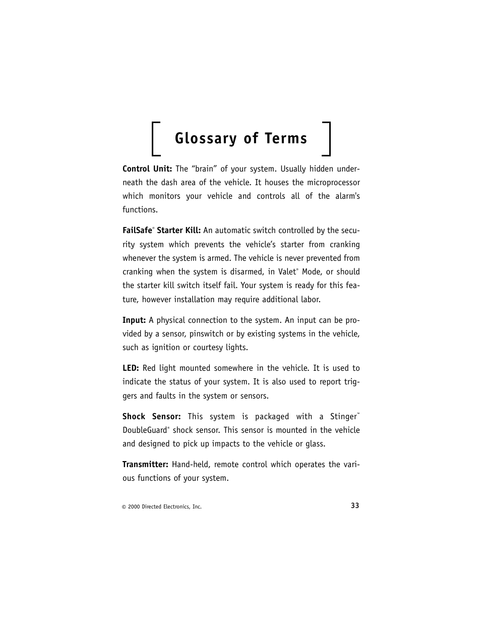 Glossary of terms | Avital 3300 User Manual | Page 37 / 40