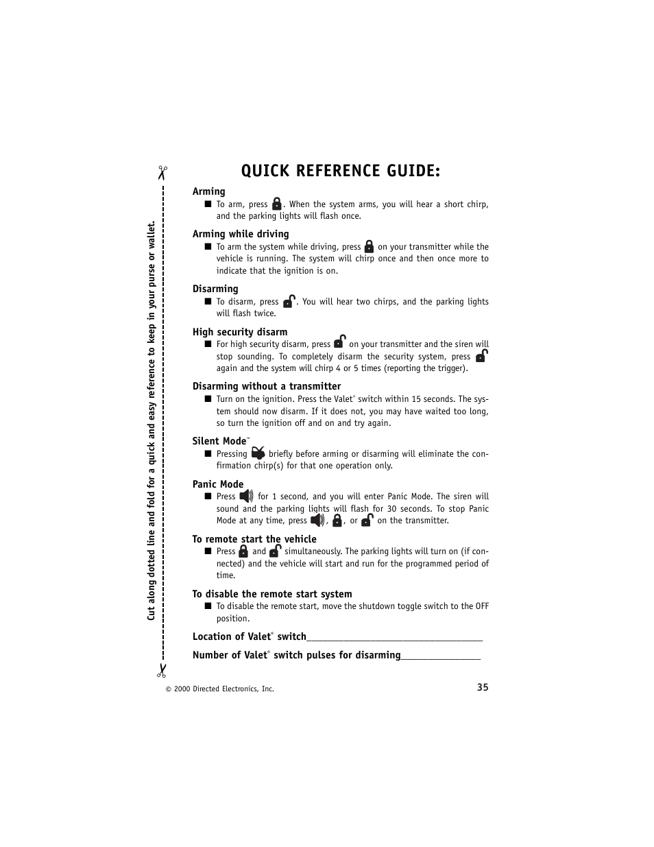 Quick reference guide | Avital 3300 User Manual | Page 39 / 40