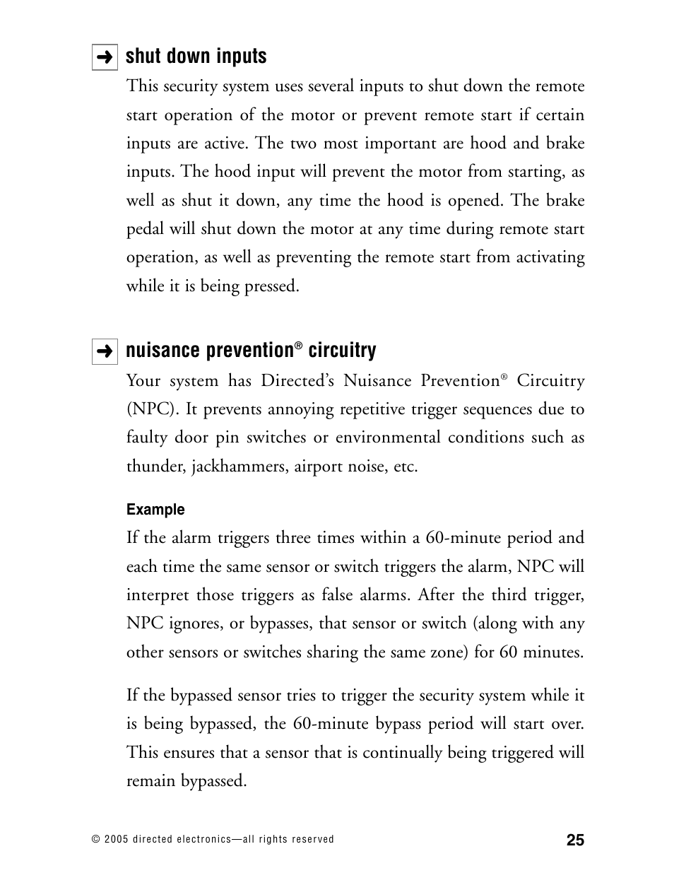 Shut down inputs, Nuisance prevention, Circuitry | Avital Model 4300 User Manual | Page 28 / 45