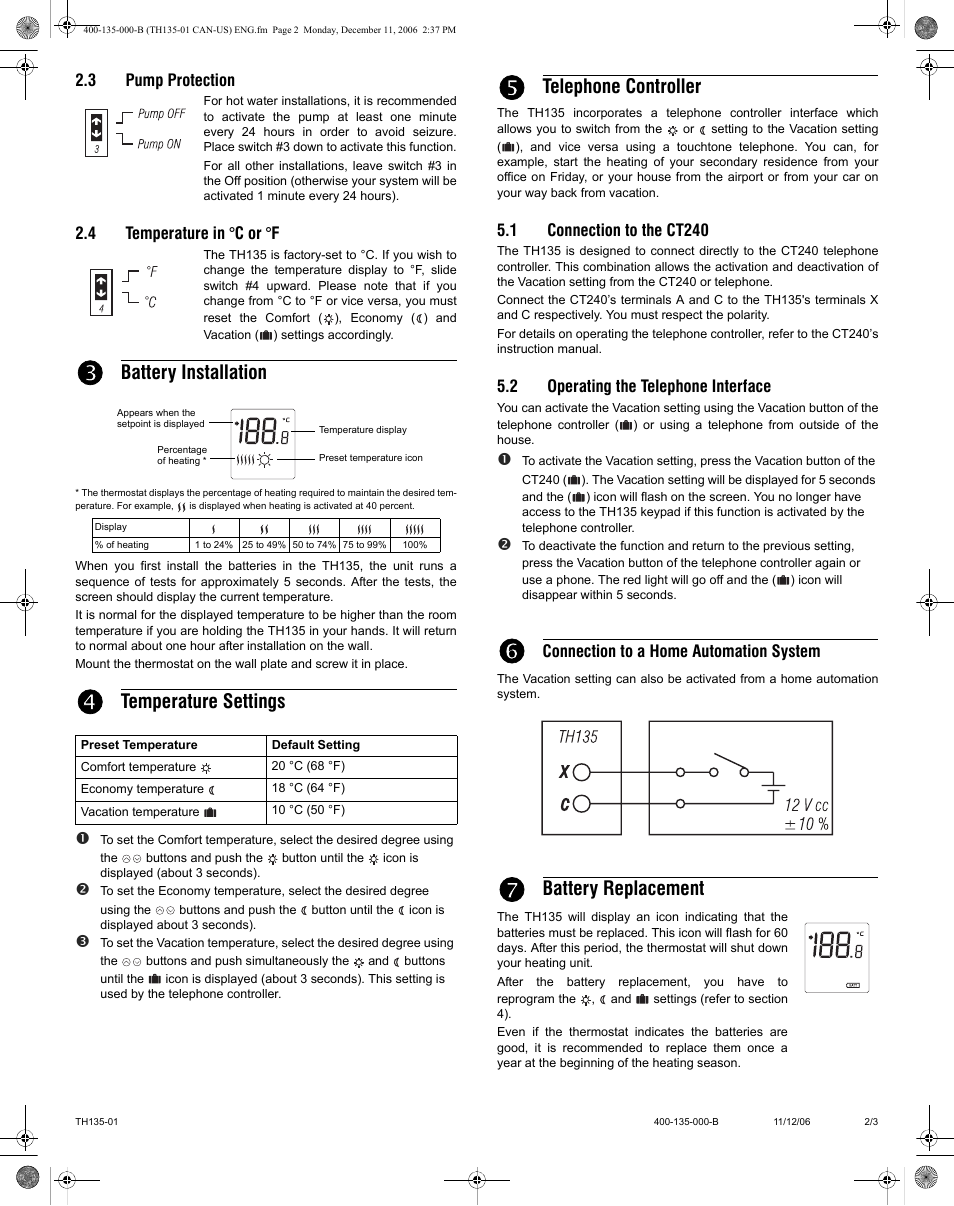 Battery installation, Temperature settings, Telephone controller | Battery replacement | Aube Technologies TH135-01 User Manual | Page 2 / 3