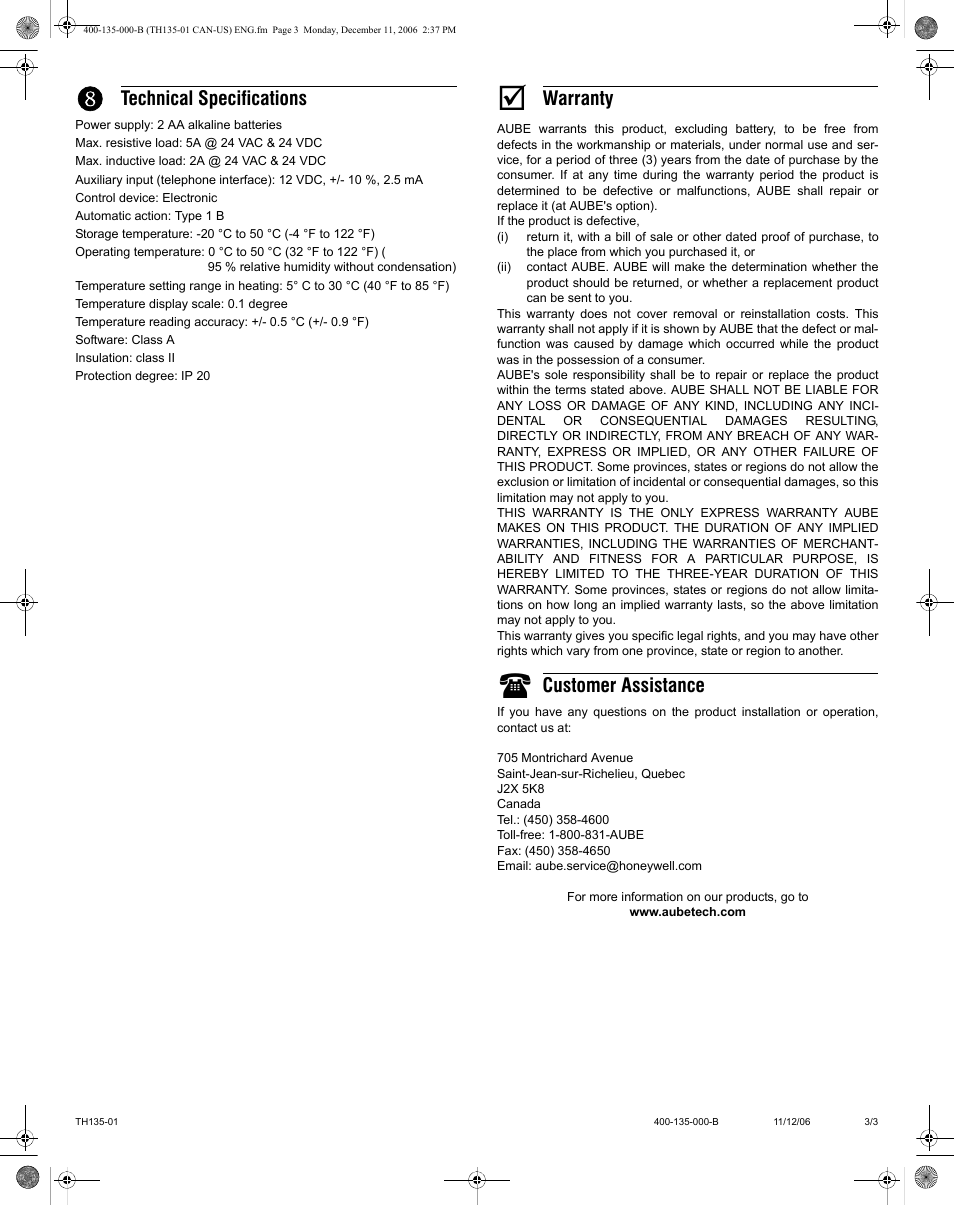Technical specifications, Warranty, Customer assistance | Aube Technologies TH135-01 User Manual | Page 3 / 3
