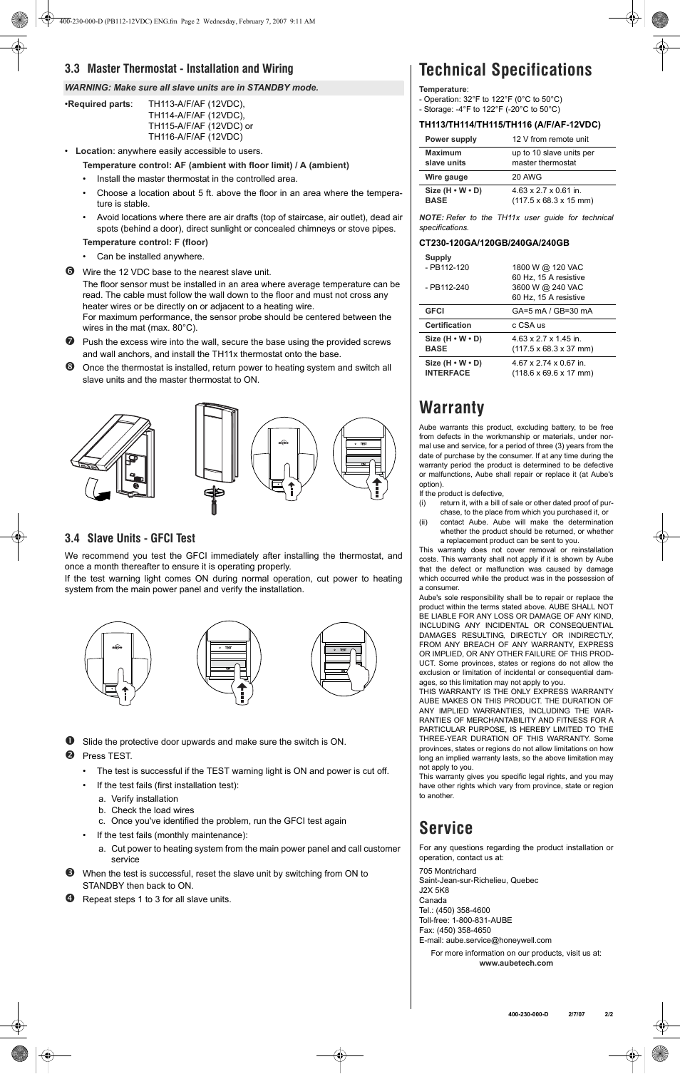 Technical specifications, Warranty, Service | 3 master thermostat - installation and wiring, 4 slave units - gfci test | Aube Technologies TH116 A/F/AF User Manual | Page 2 / 2