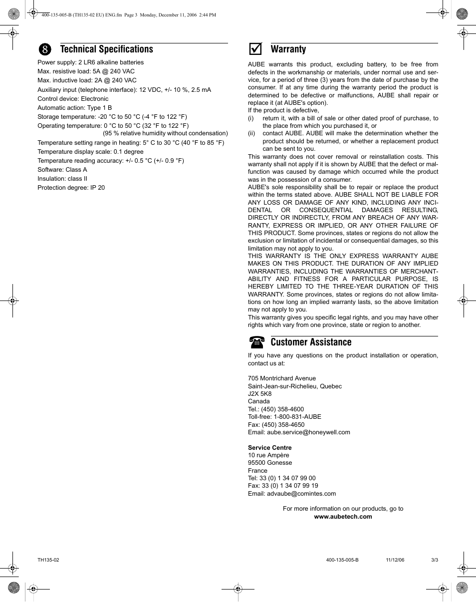 Technical specifications, Warranty, Customer assistance | Aube Technologies TH135-02 User Manual | Page 3 / 3