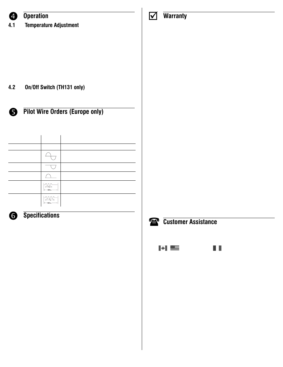 Operation, Pilot wire orders (europe only), Specifications | Warranty, Customer assistance | Aube Technologies TH133 User Manual | Page 2 / 3