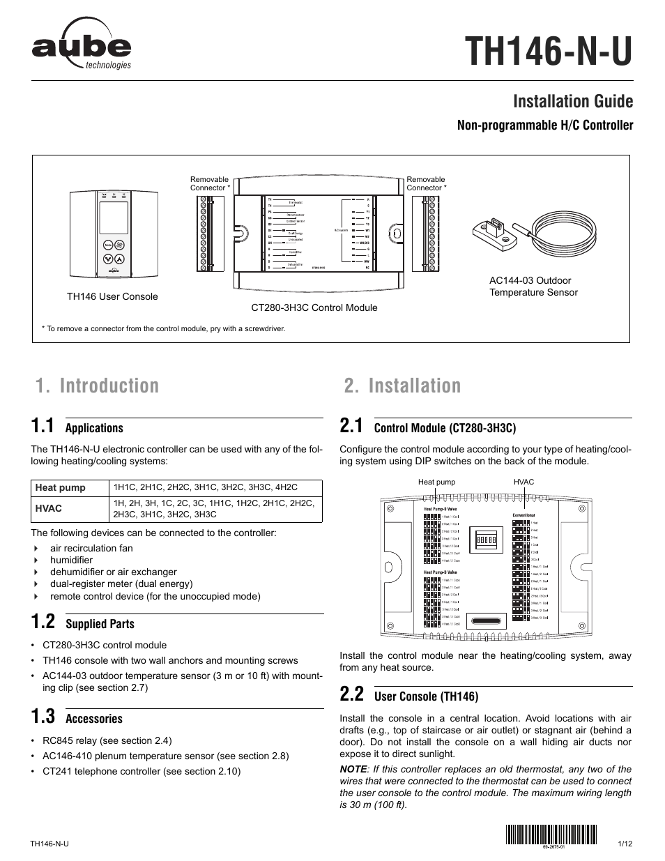 Aube Technologies AUBE NON-PROGRAMMABLE H/C CONTROLLER TH146-N-U User Manual | 12 pages