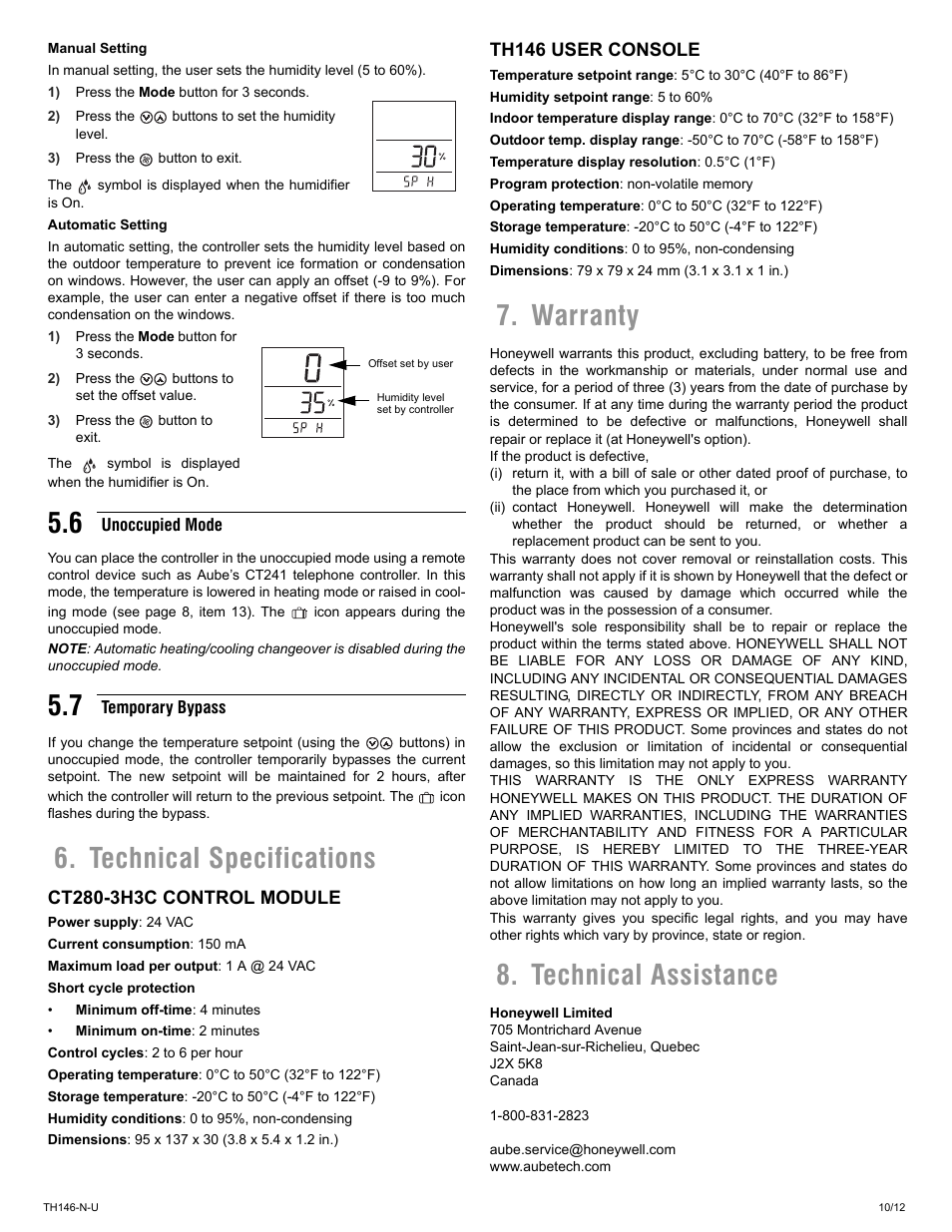 Technical specifications, Warranty 8. technical assistance | Aube Technologies AUBE NON-PROGRAMMABLE H/C CONTROLLER TH146-N-U User Manual | Page 10 / 12