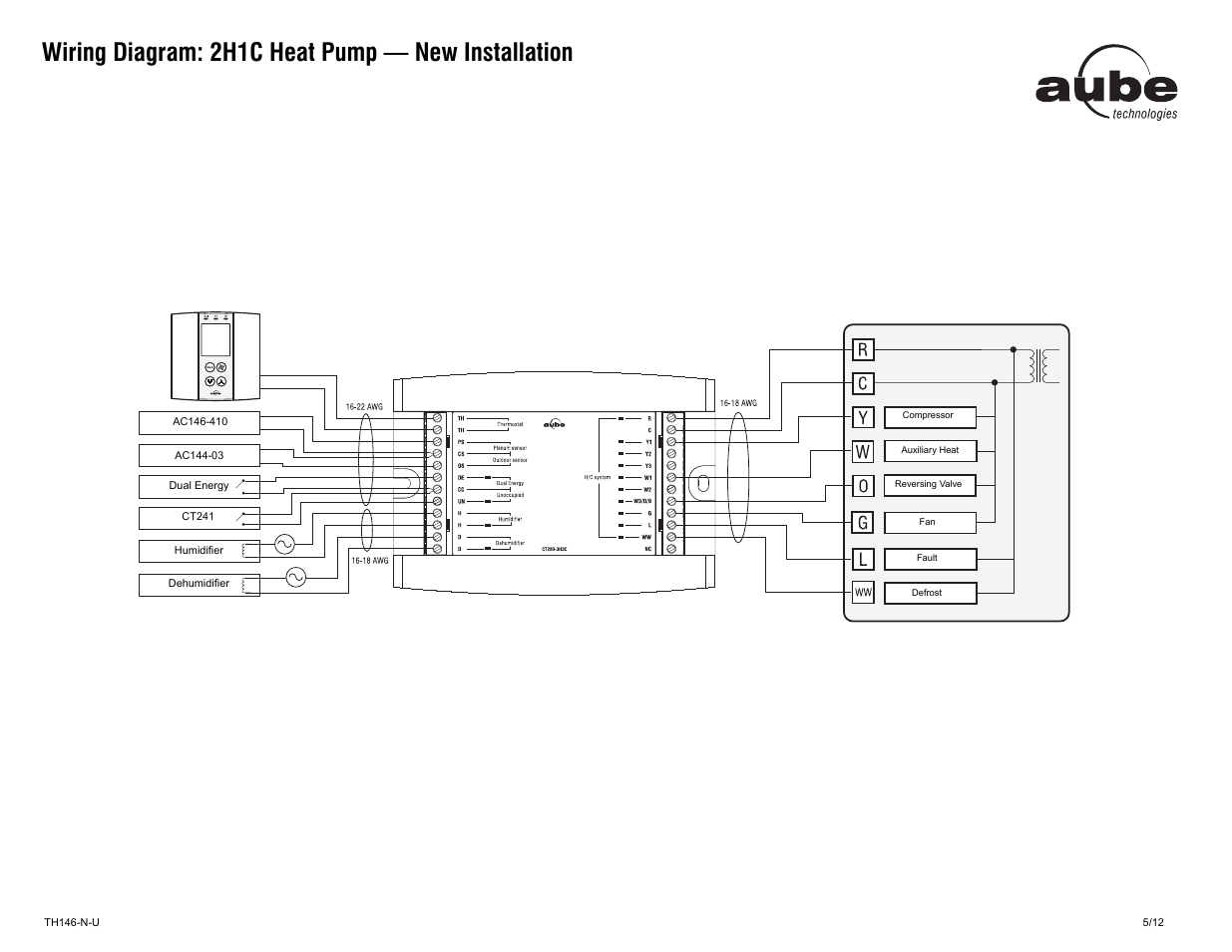 Wiring diagram: 2h1c heat pump — new installation | Aube Technologies AUBE NON-PROGRAMMABLE H/C CONTROLLER TH146-N-U User Manual | Page 5 / 12