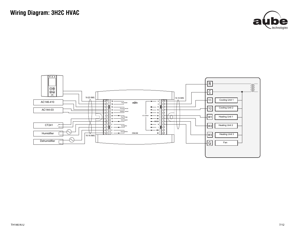 Wiring diagram: 3h2c hvac | Aube Technologies AUBE NON-PROGRAMMABLE H/C CONTROLLER TH146-N-U User Manual | Page 7 / 12