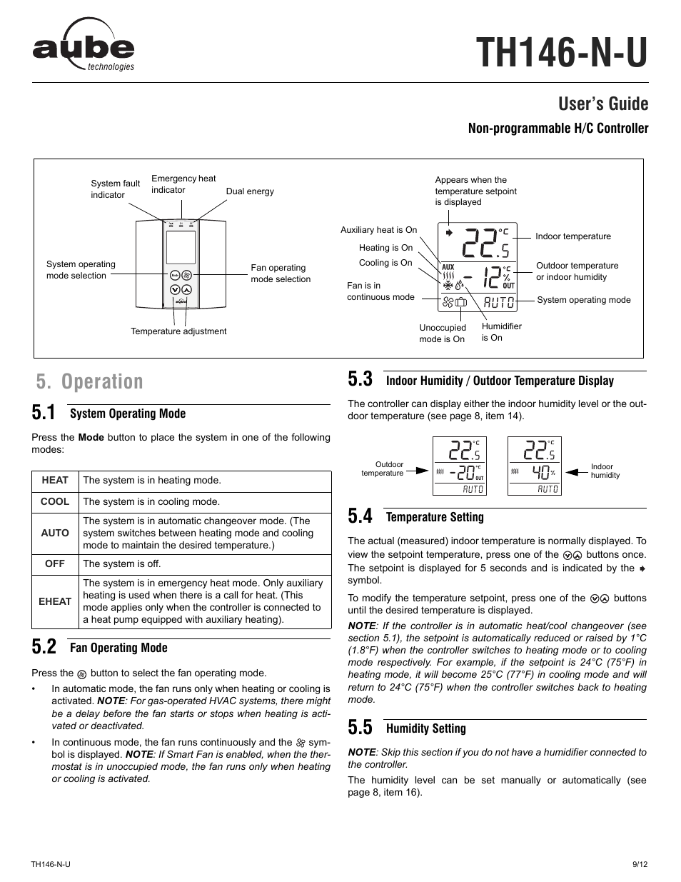 Th146-n-u, Operation 5.1, User’s guide | Aube Technologies AUBE NON-PROGRAMMABLE H/C CONTROLLER TH146-N-U User Manual | Page 9 / 12