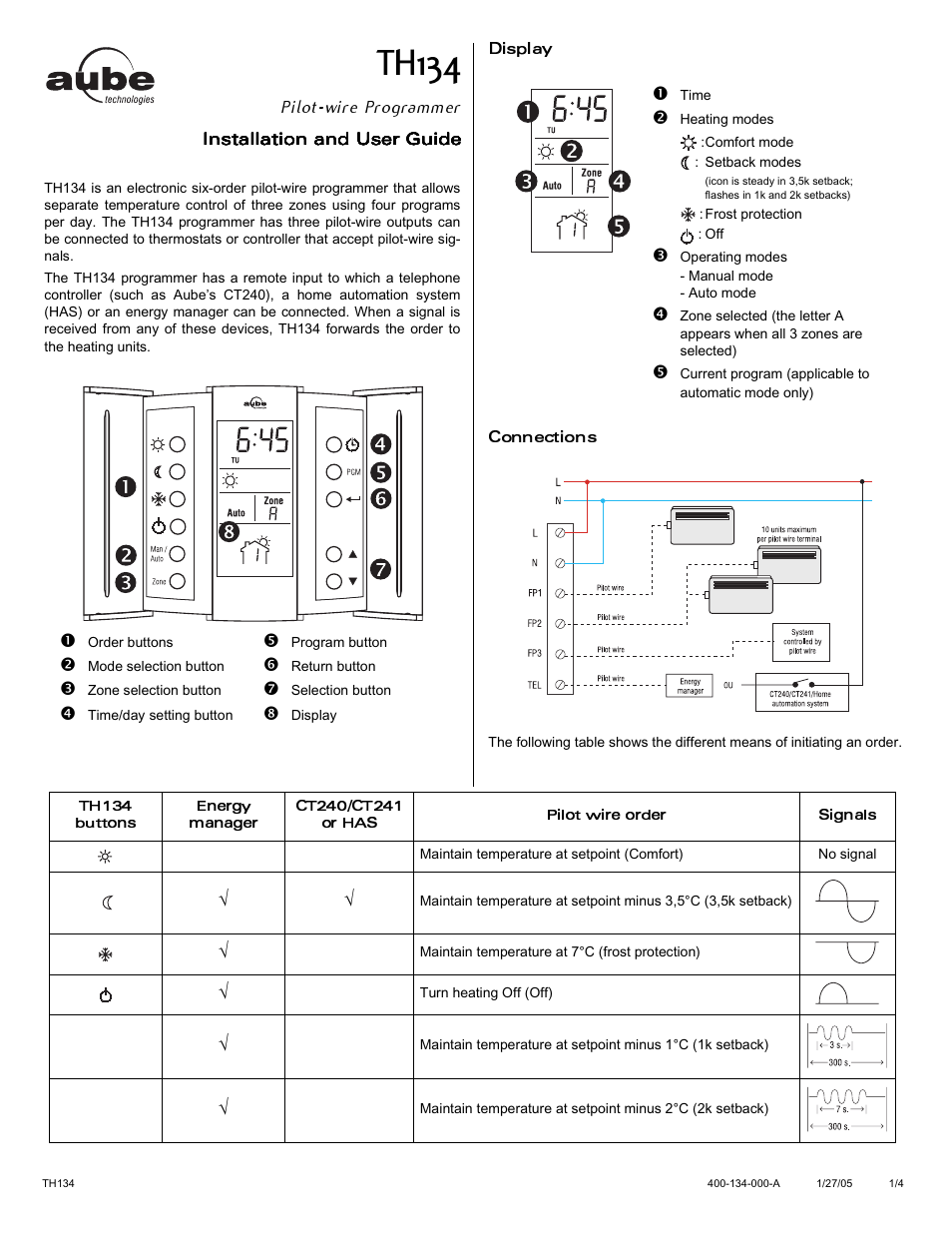 Aube Technologies Pilot-wire Programmer TH134 User Manual | 4 pages