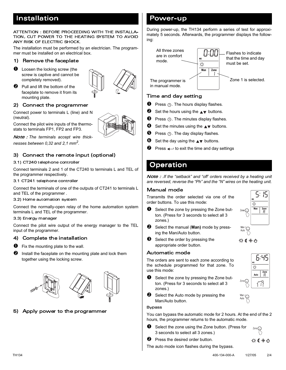 I nstal lati on | Aube Technologies Pilot-wire Programmer TH134 User Manual | Page 2 / 4