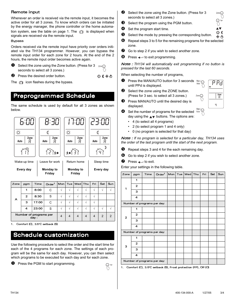 Preprogramm ed sched ul e, Sch edule custom ization | Aube Technologies Pilot-wire Programmer TH134 User Manual | Page 3 / 4