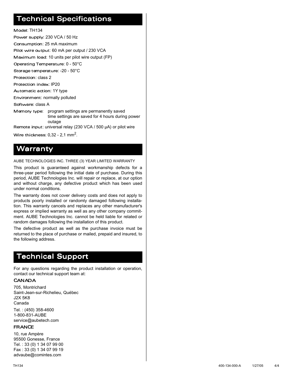 Aube Technologies Pilot-wire Programmer TH134 User Manual | Page 4 / 4