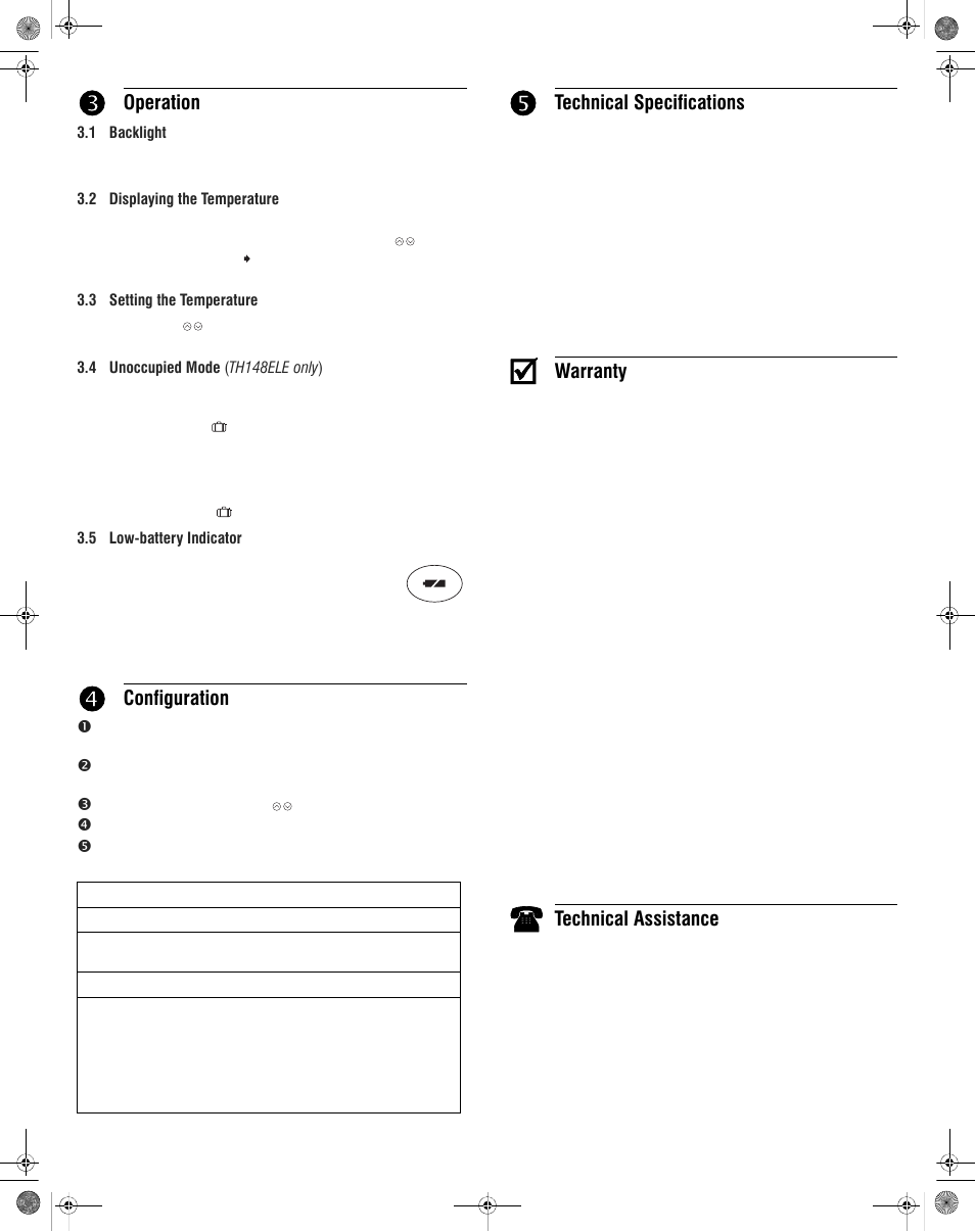 Operation, Configuration, Technical specifications | Warranty, Technical assistance | Aube Technologies TH148ELE User Manual | Page 2 / 2