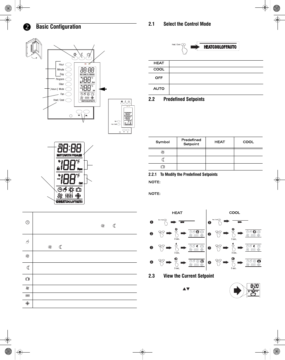 Basic configuration, 1 select the control mode, 2 predefined setpoints | 3 view the current setpoint | Aube Technologies TH144 User Manual | Page 3 / 6