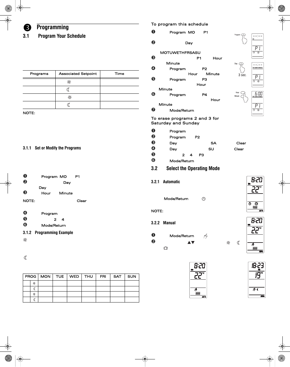 Programming, 1 program your schedule, 2 select the operating mode | Aube Technologies TH144 User Manual | Page 4 / 6