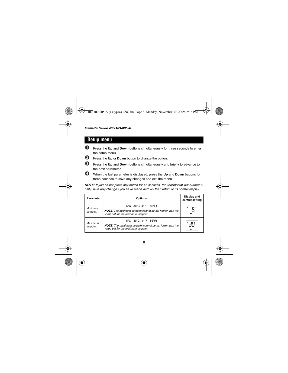 Setup menu | Aube Technologies TH109PLUS User Manual | Page 10 / 14