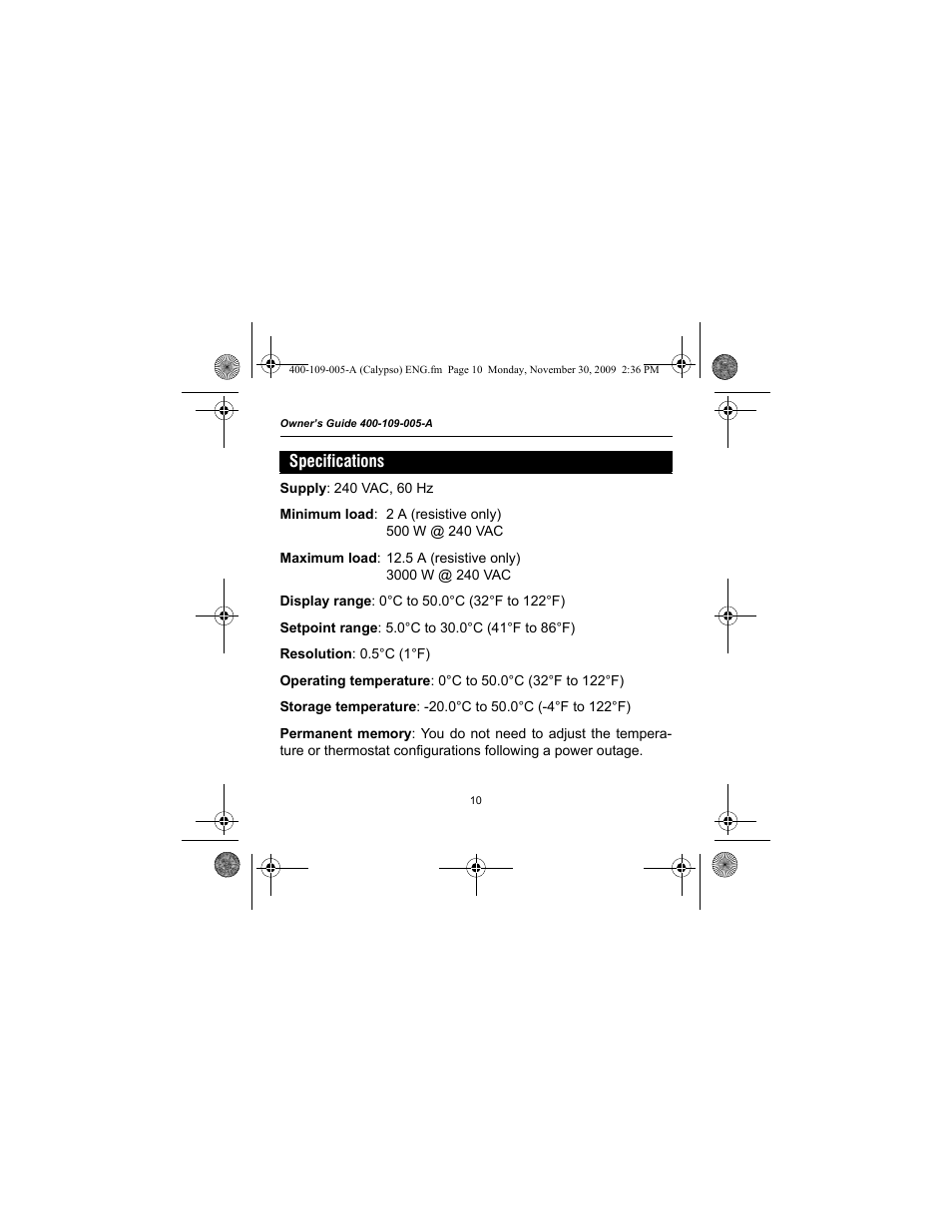 Specifications | Aube Technologies TH109PLUS User Manual | Page 12 / 14