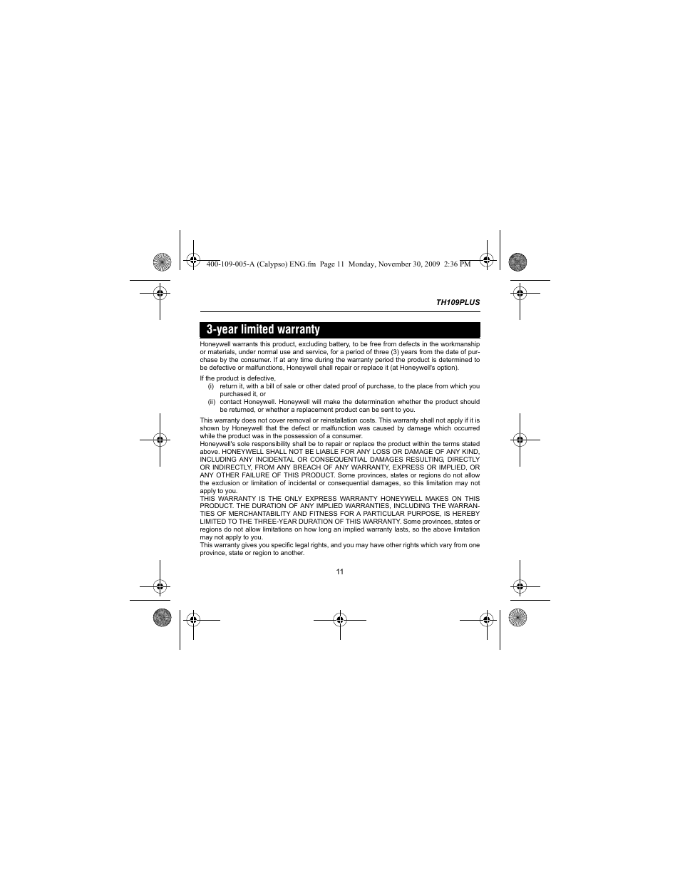 Year limited warranty | Aube Technologies TH109PLUS User Manual | Page 13 / 14