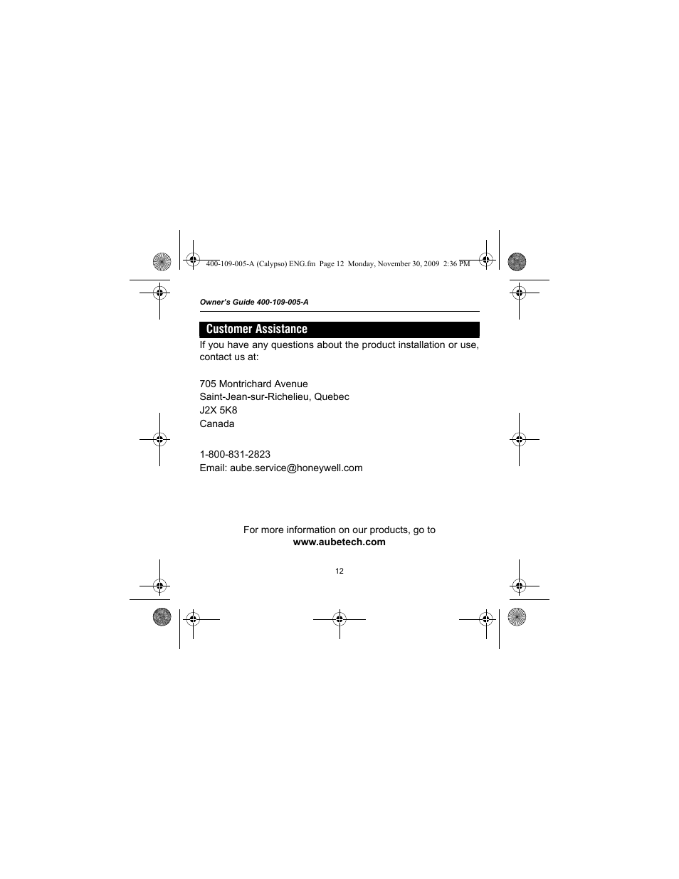 Customer assistance | Aube Technologies TH109PLUS User Manual | Page 14 / 14