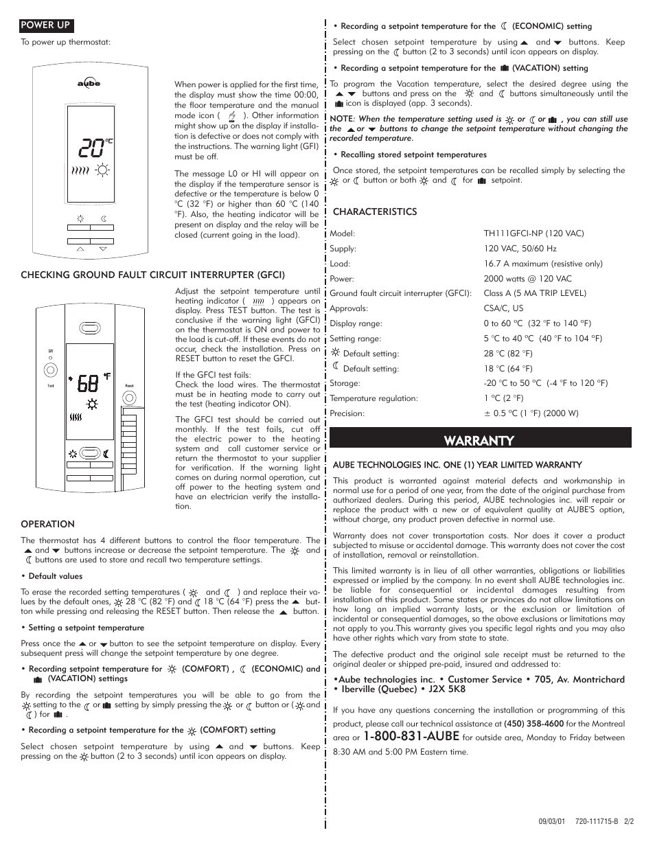 Warranty | Aube Technologies TH111GFCI-NP User Manual | Page 2 / 2