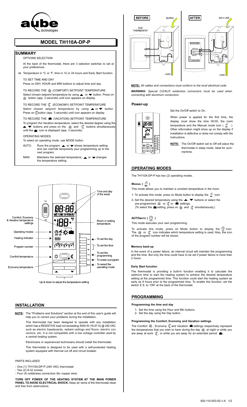 Aube Technologies TH110A-DP-P User Manual | 3 pages