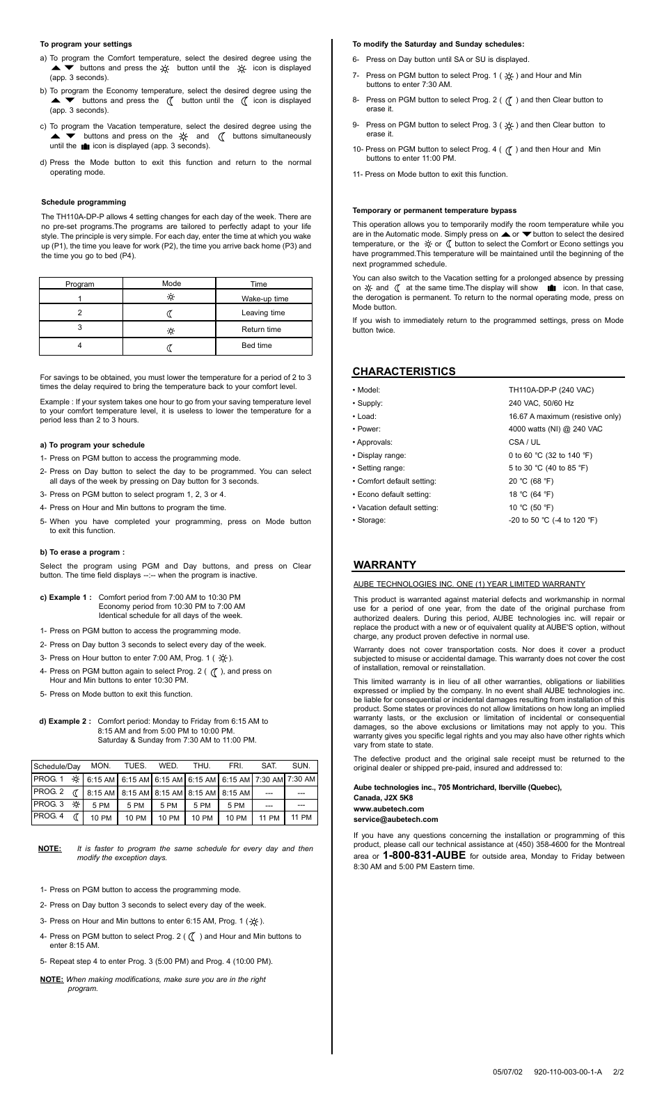 Characteristics, Warranty | Aube Technologies TH110A-DP-P User Manual | Page 2 / 3